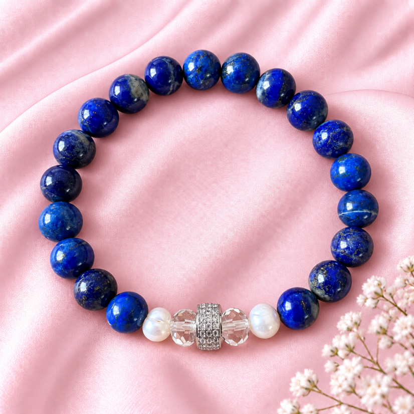 Náramek s lapis lazuli, křišťálem a perlami - OCHRANNÝ ŠTÍT