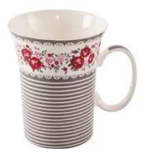 Porcelánový hrnek šedý proužek s motivem růží