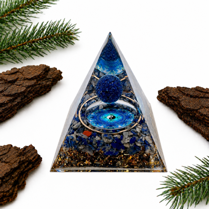 Orgonitová pyramida OCHRANA s lapisem lazuli a symbolem jin & jang