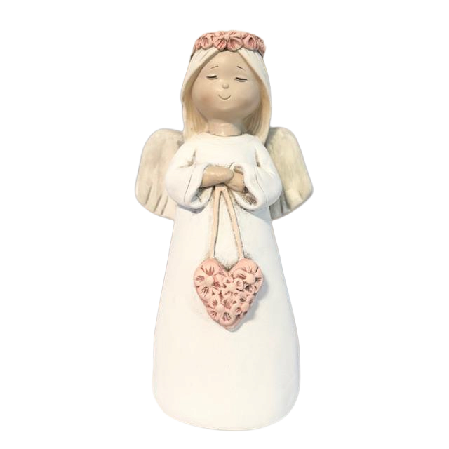 Anděl se srdcem a květovanou čelenkou 21cm