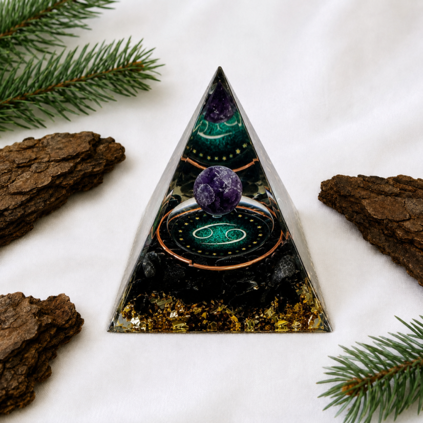Orgonitová pyramida RAK s obsidiánem a ametystem