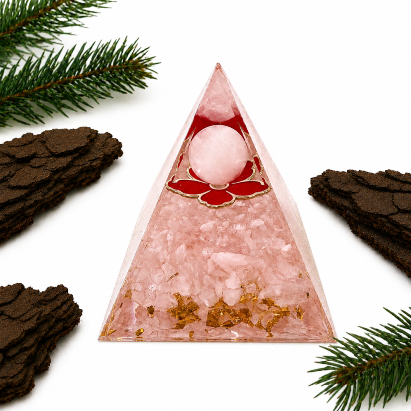 Orgonitová pyramida ŽIVOTNÍ SÍLA s růženínem a červenou květinou