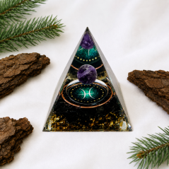 Orgonitová pyramida RYBY s obsidiánem a ametystem